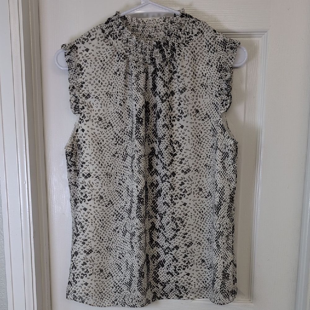 J. Crew Black & Cream Sleeveless Snake-Print Smocked Neck Blouse